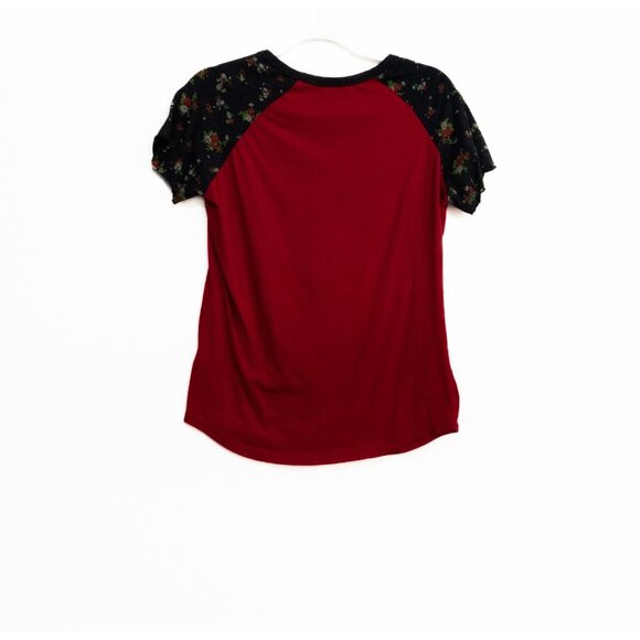 Disney Womens Red Black Polycotton T-Shirt Minnie Mouse 28 Floral Round Neck XL - Picture 2 of 8